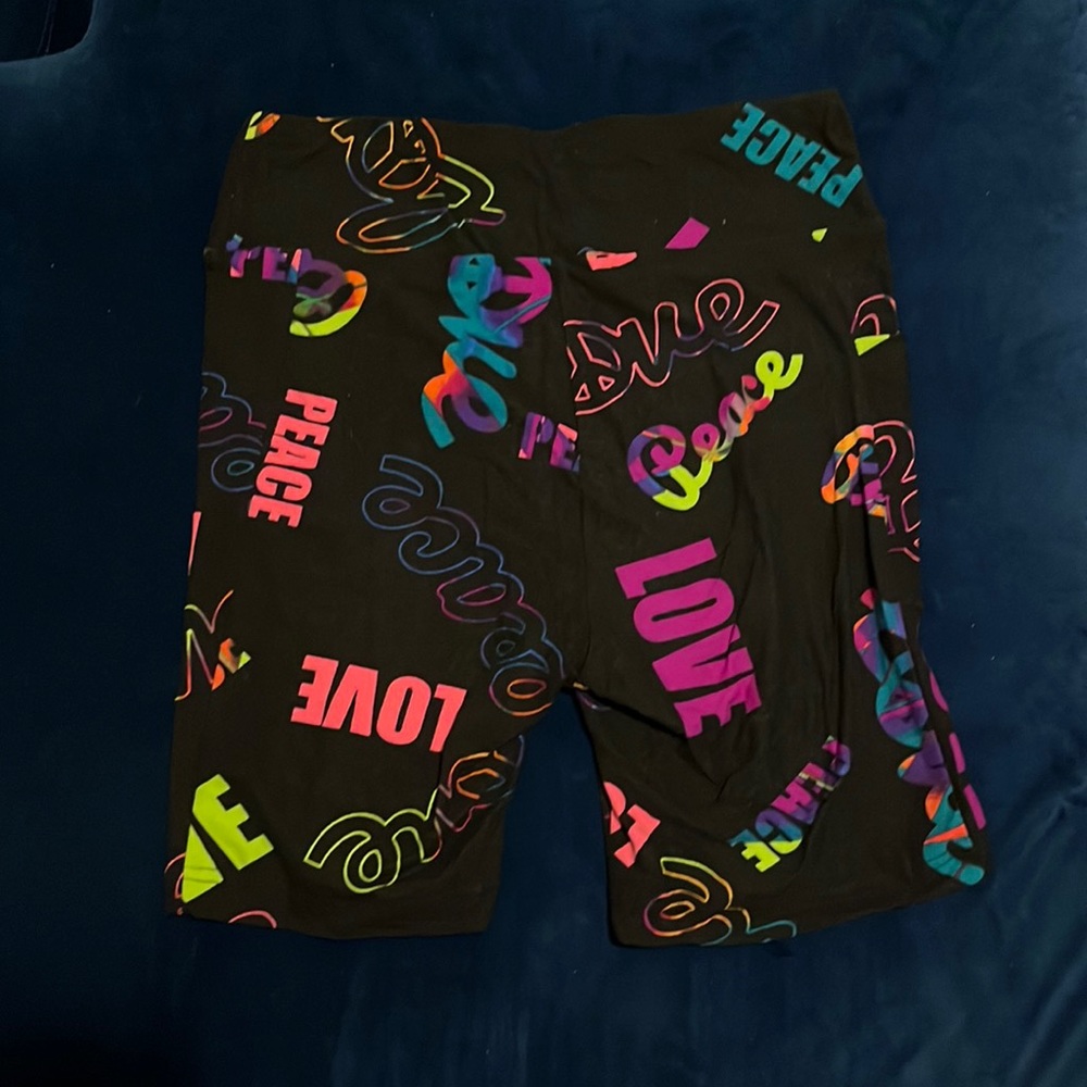 Peace black biker shorts with pink and rainbow writing